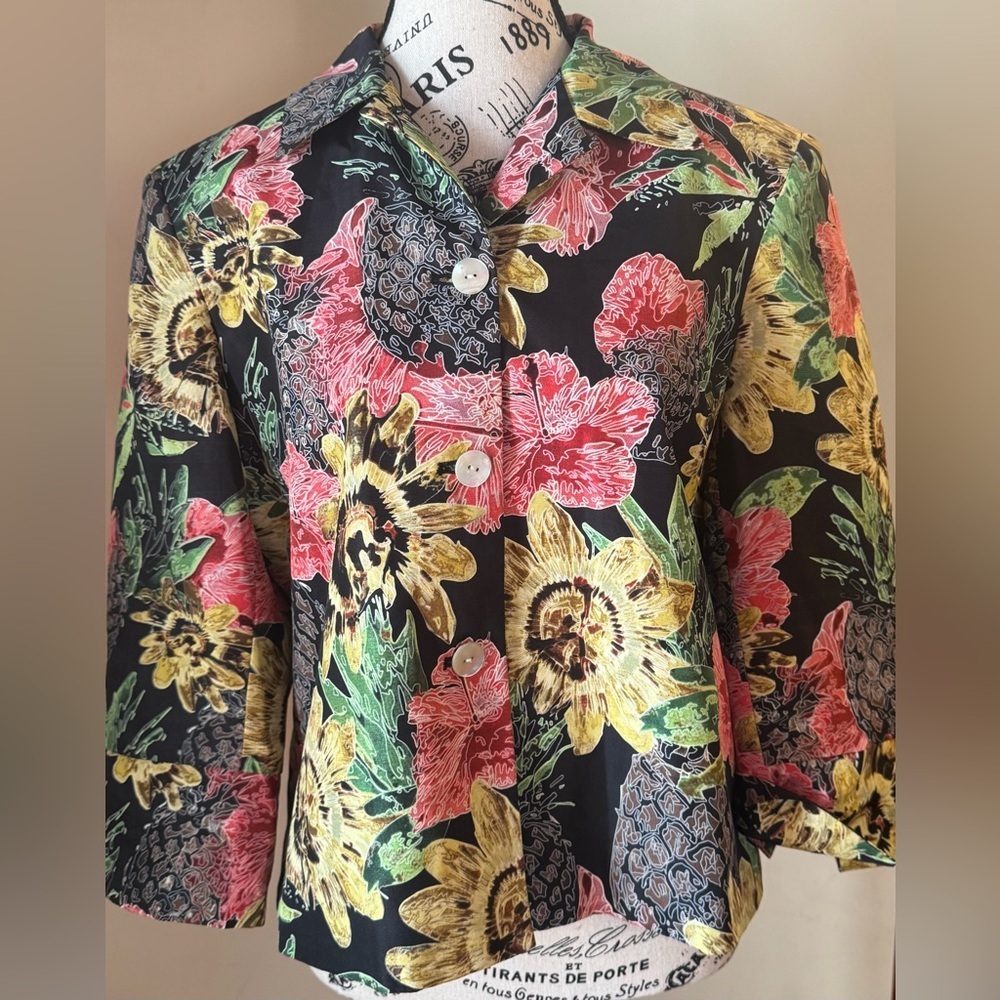Vintage Silk Collection Harve Benard Floral Black Blouse Button Front Sz 10 Silk